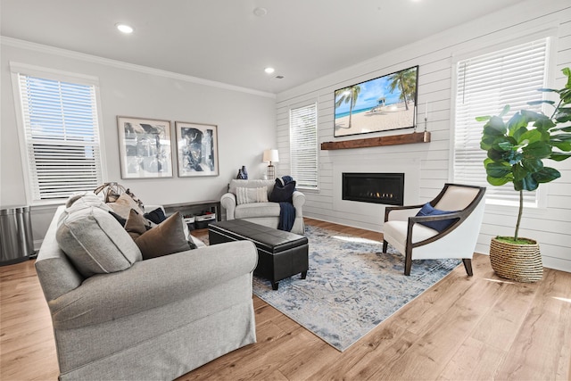 403 Cool Bend Ln, Summerville, SC 29486 - living room with ornamental molding, a glass covered fireplace, plenty of natural light, wood finished floors, and recessed lighting