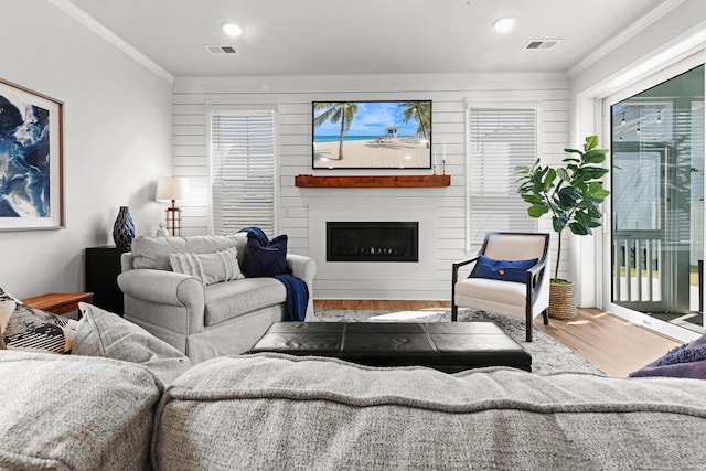 403 Cool Bend Ln, Summerville, SC 29486 - living room featuring wood finished floors, crown molding, a glass covered fireplace, and recessed lighting