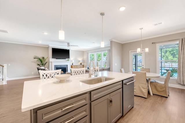 3173 Hugh Bennett Dr, Johns Island, SC 29455 - kitchen with a sink, gray cabinets, a warm lit fireplace, light wood-style floors, and crown molding