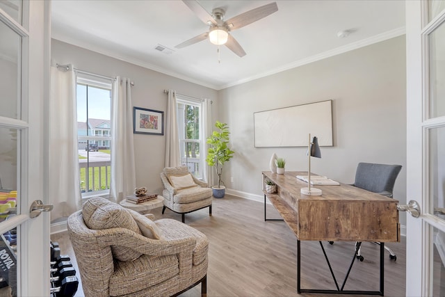 3173 Hugh Bennett Dr, Johns Island, SC 29455 - office with light wood-style flooring, a ceiling fan, baseboards, and ornamental molding