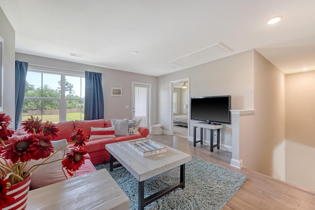 3173 Hugh Bennett Dr, Johns Island, SC 29455 - living area with attic access, wood finished floors, baseboards, and recessed lighting