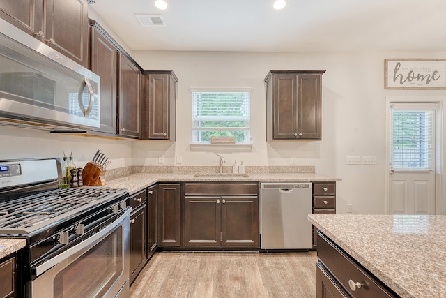 kitchen with dark brown cabinets, a sink, light wood-style flooring, stainless steel appliances, and visible vents