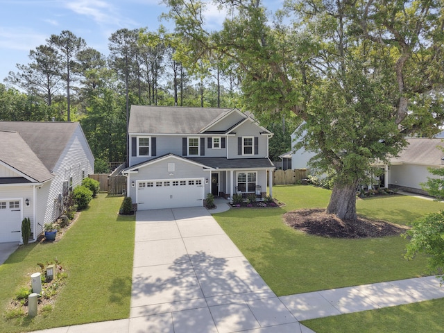 view of front of house with fence, covered porch, a front yard, an attached garage, and driveway