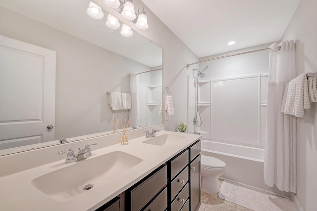full bath with double vanity, toilet, a sink, and shower / tub combo with curtain