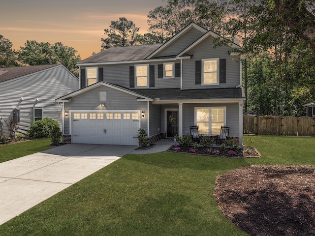 traditional-style home featuring a porch, a front yard, fence, concrete driveway, and an attached garage