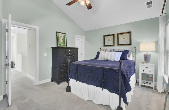 bedroom with light carpet, ceiling fan, and lofted ceiling