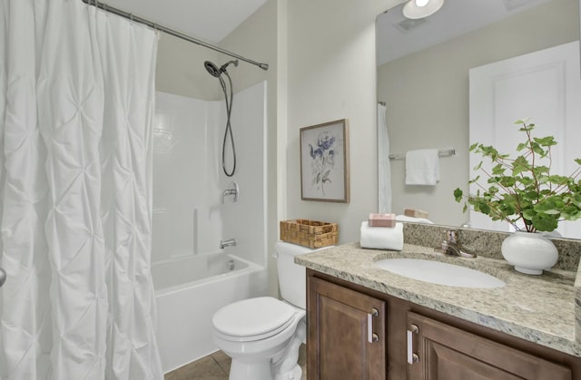 full bathroom with toilet, tile patterned floors, vanity, and shower / bath combo