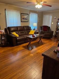 living room featuring ceiling fan, ornamental molding, and wood-type flooring