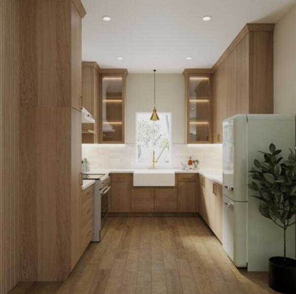 kitchen featuring range, hanging light fixtures, backsplash, sink, and white fridge