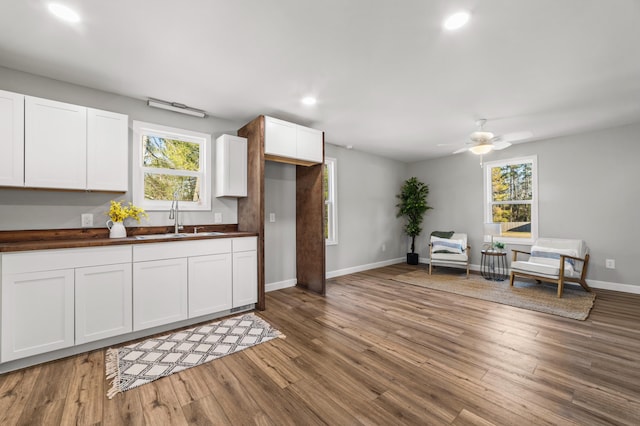 kitchen featuring wood finished floors, a sink, white cabinetry, and baseboards