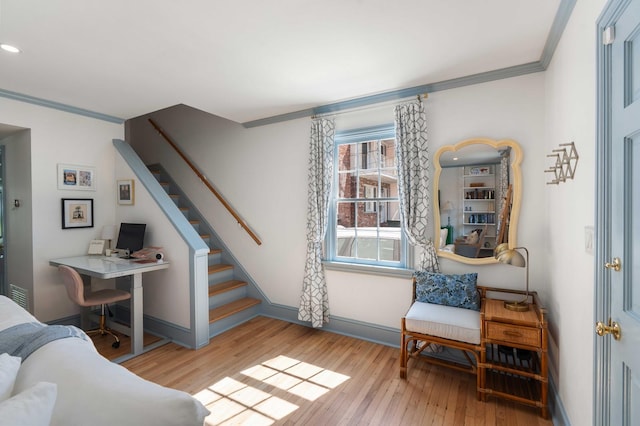 1661/2 Queen St, Charleston, SC 29401 - living area featuring crown molding, hardwood / wood-style flooring, stairs, baseboards, and recessed lighting