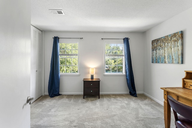 interior space featuring light colored carpet and a textured ceiling