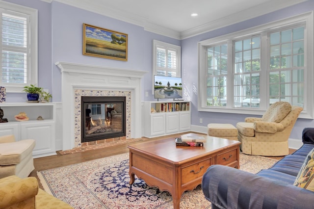 living room featuring wood finished floors, a fireplace, ornamental molding, and recessed lighting