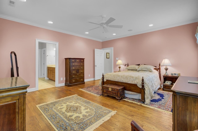 bedroom featuring ornamental molding, recessed lighting, light wood-style floors, baseboards, and ensuite bathroom