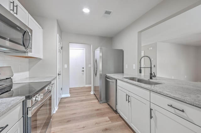 kitchen featuring appliances with stainless steel finishes, tasteful backsplash, light stone countertops, white cabinets, and sink