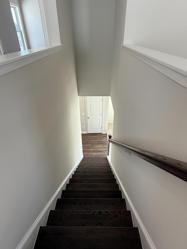 staircase featuring wood finished floors, baseboards, and a towering ceiling