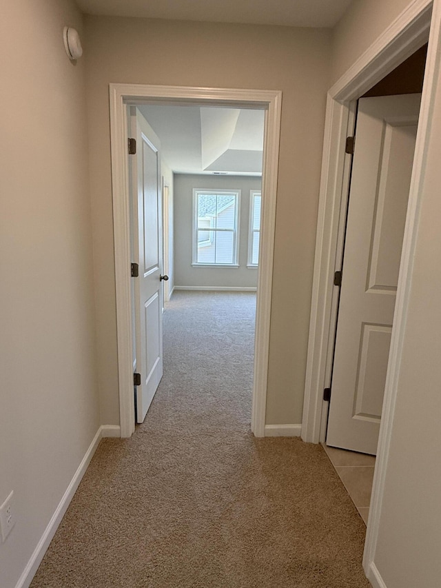 hall with baseboards and carpet floors