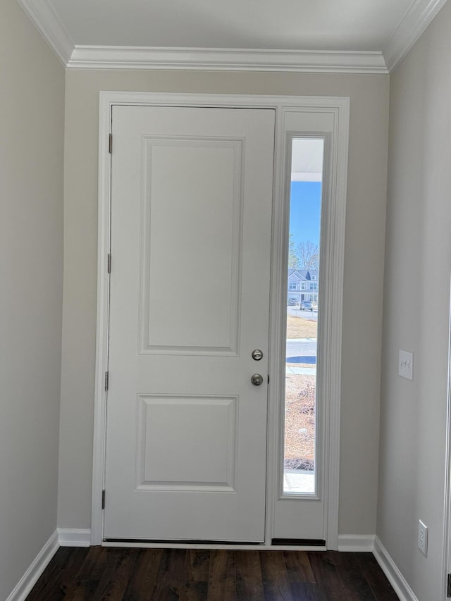 doorway to outside with a wealth of natural light, baseboards, and dark wood-type flooring