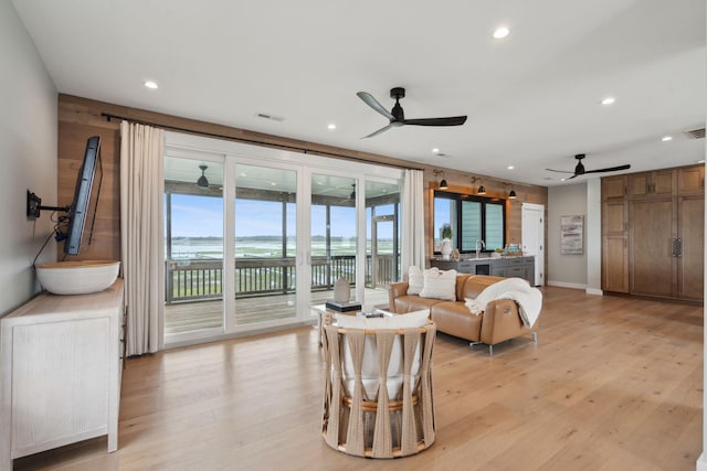 1568 E Ashley Ave, Folly Beach, SC 29439 - living room with ceiling fan, light wood-style floors, and recessed lighting