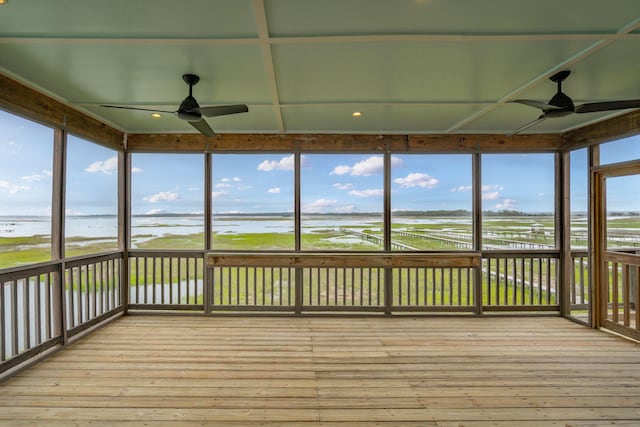 1568 E Ashley Ave, Folly Beach, SC 29439 - unfurnished sunroom with ceiling fan, a deck with water view, and recessed lighting