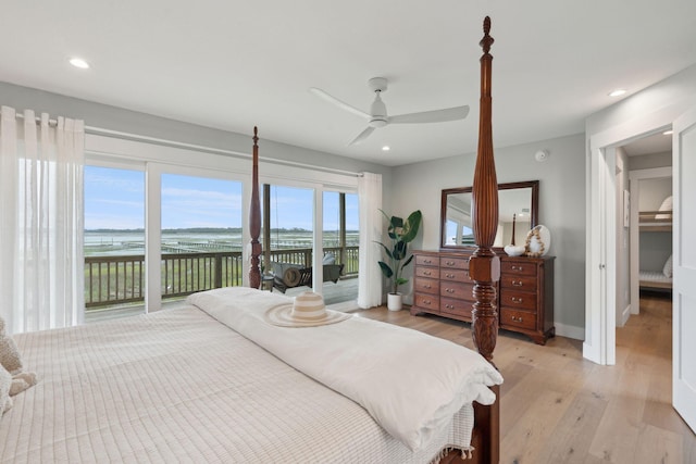 1568 E Ashley Ave, Folly Beach, SC 29439 - bedroom featuring access to exterior, light wood-style floors, a water view, recessed lighting, and a ceiling fan