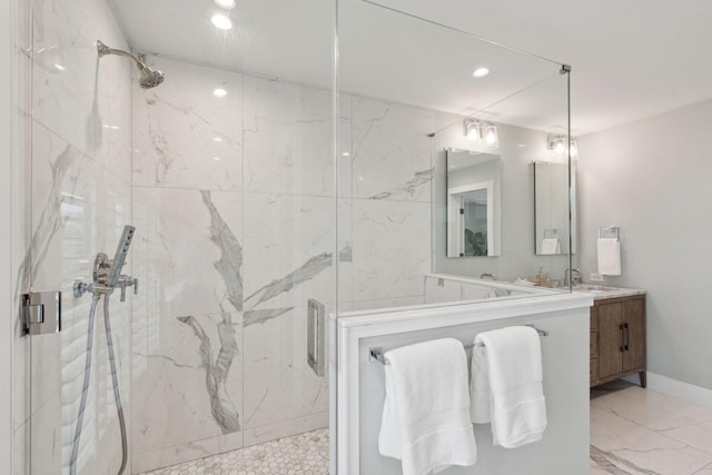 1568 E Ashley Ave, Folly Beach, SC 29439 - bathroom with a marble finish shower, vanity, recessed lighting, and marble finish flooring