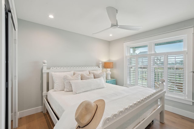 1568 E Ashley Ave, Folly Beach, SC 29439 - bedroom featuring baseboards, light wood-type flooring, recessed lighting, and a ceiling fan