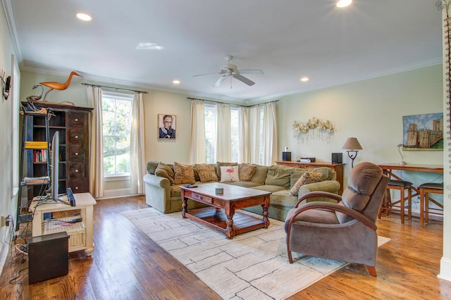 living room featuring hardwood / wood-style floors, ceiling fan, and crown molding