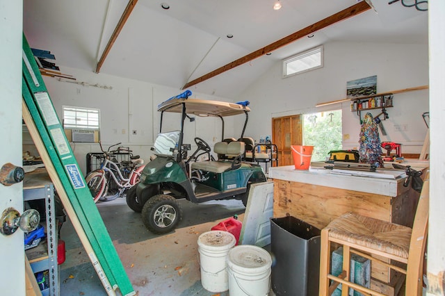 garage with a workshop area