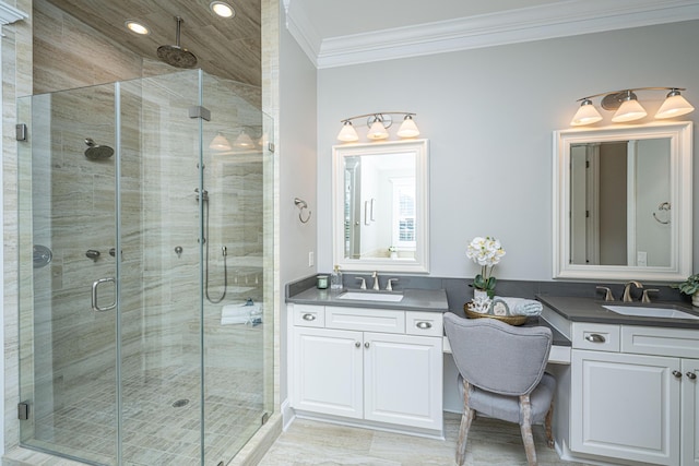 bathroom with vanity, crown molding, recessed lighting, and a stall shower