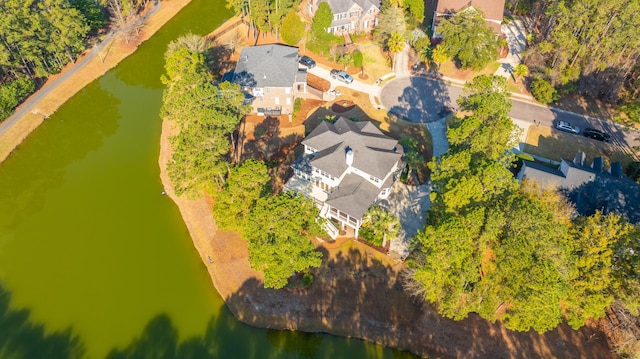 aerial view featuring a residential view and a water view