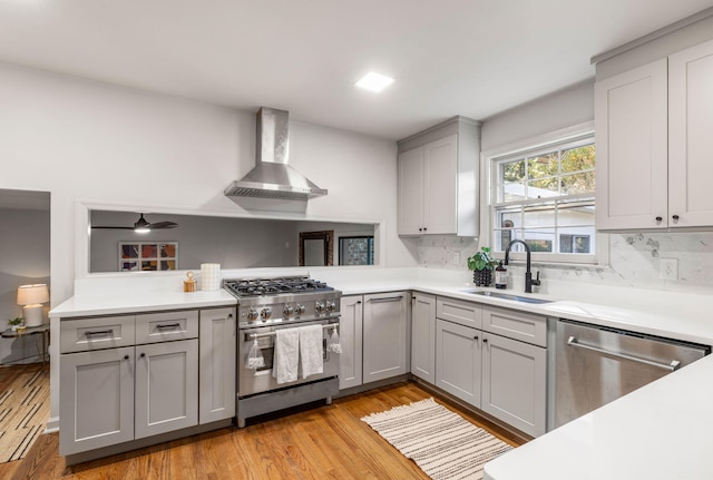 kitchen with wall chimney range hood, appliances with stainless steel finishes, light hardwood / wood-style flooring, gray cabinetry, and sink