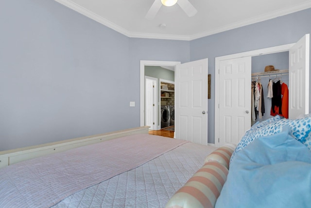 bedroom with washing machine and dryer, ceiling fan, a closet, and ornamental molding