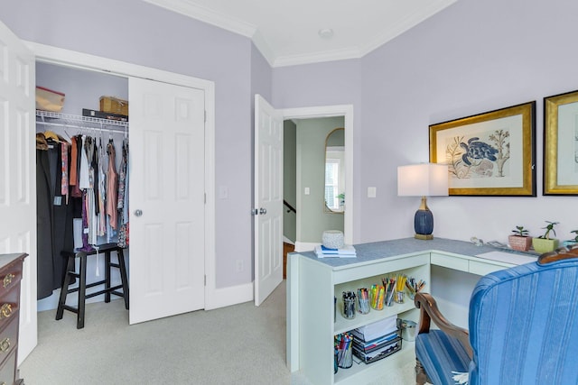 carpeted office featuring ornamental molding