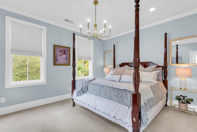 carpeted bedroom with ornamental molding and a notable chandelier