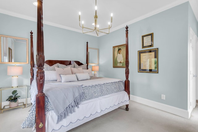 carpeted bedroom featuring a chandelier and crown molding