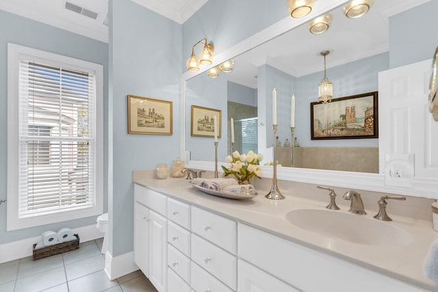 bathroom with walk in shower, tile patterned flooring, vanity, crown molding, and toilet