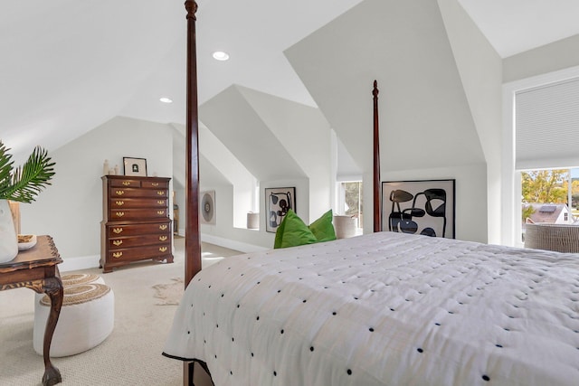 carpeted bedroom featuring vaulted ceiling