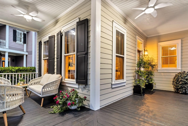 deck featuring a porch and ceiling fan