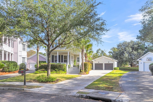 view of front of home featuring a front lawn, a garage, covered porch, and an outdoor structure