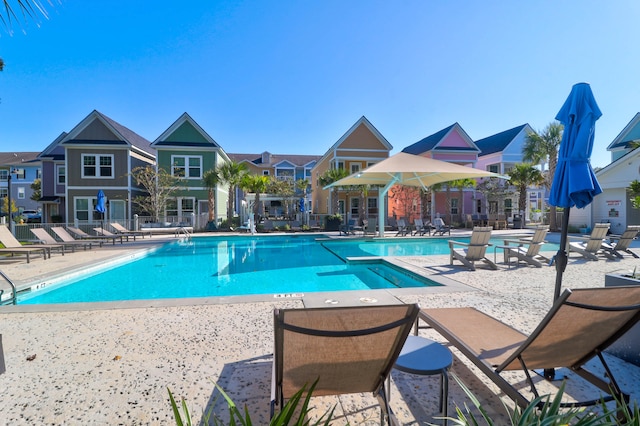 view of swimming pool featuring a patio area