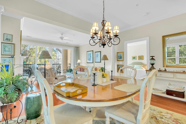 dining area featuring crown molding, ceiling fan with notable chandelier, light wood-type flooring, and a wealth of natural light