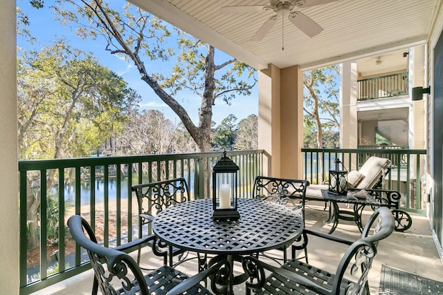 balcony featuring ceiling fan and a water view