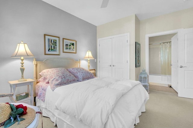 bedroom with light carpet, a closet, and ceiling fan