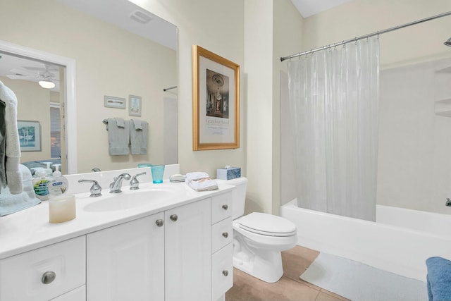 full bathroom with vanity, tile patterned flooring, toilet, and shower / bathtub combination with curtain