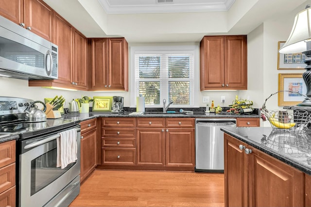 kitchen with sink, stainless steel appliances, a tray ceiling, light hardwood / wood-style floors, and dark stone counters