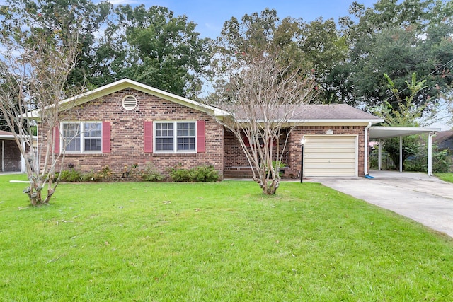 single story home with a garage, a front yard, and a carport