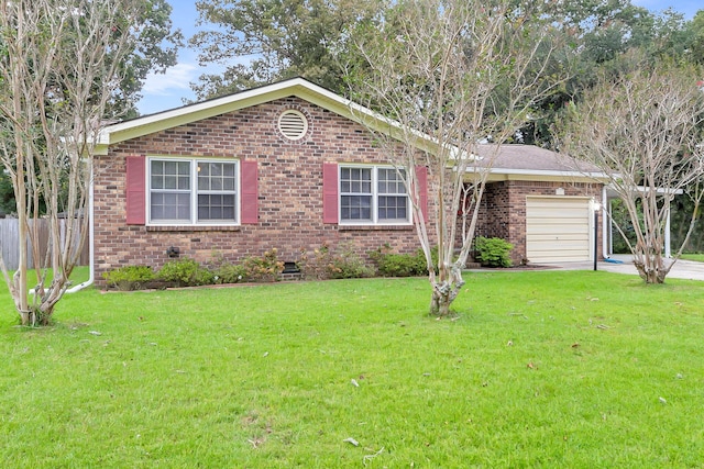 ranch-style home with a garage and a front lawn