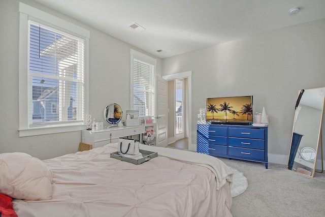 carpeted bedroom featuring multiple windows