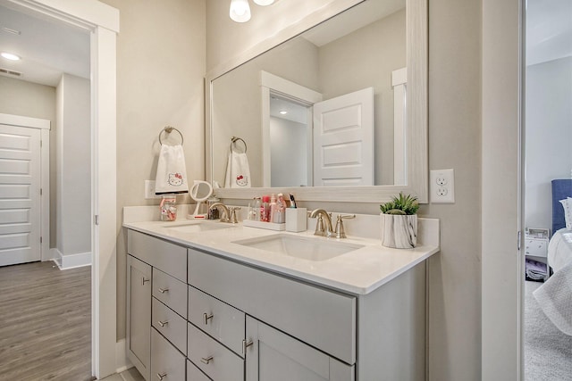 bathroom with vanity and wood-type flooring